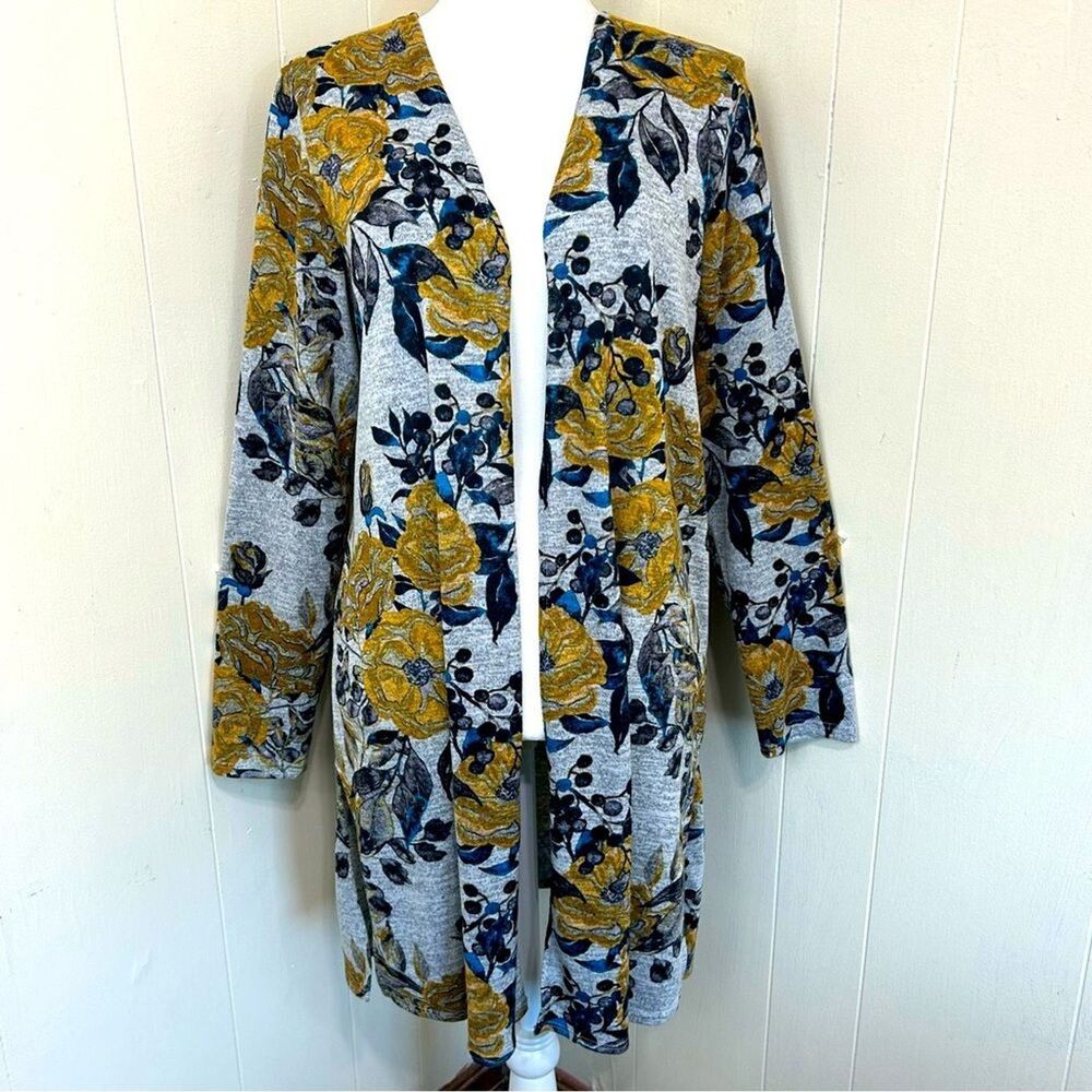 Sinuous Cardigan Size Medium Gray Yellow Floral Open Duster Cardigan Boho Unique